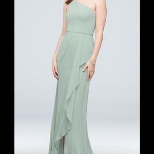 David's Bridal One-Shoulder Sage Green Chiffon Gown